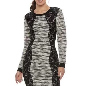 Trixxi Three Pink Hearts Sweater‎ Dress Lace Panel Long Sleeve Knit Mini Med.